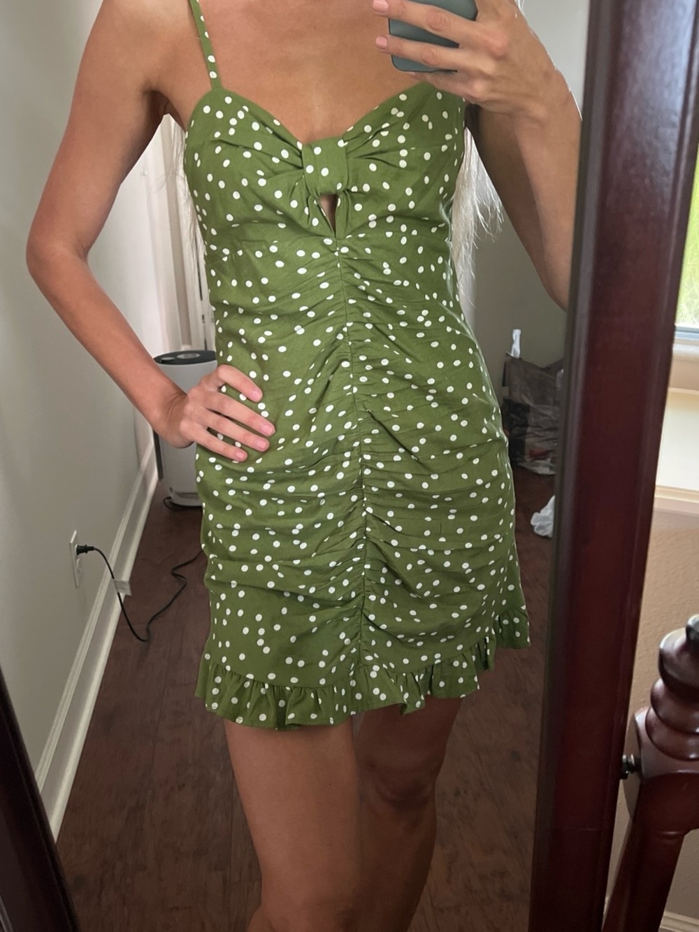 Zara Olive Green Polka Dot Tie-Front Mini Dress